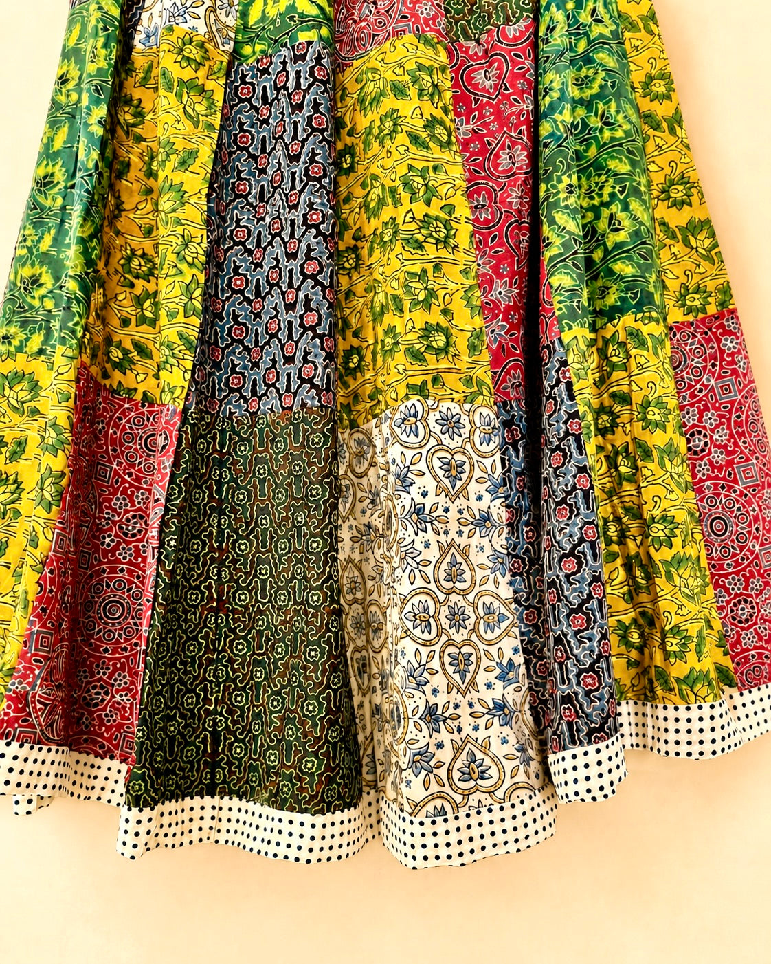 🌻Navrang ~ Ajrakh Skirt ~ Multicolor Chequered w/ white polka border