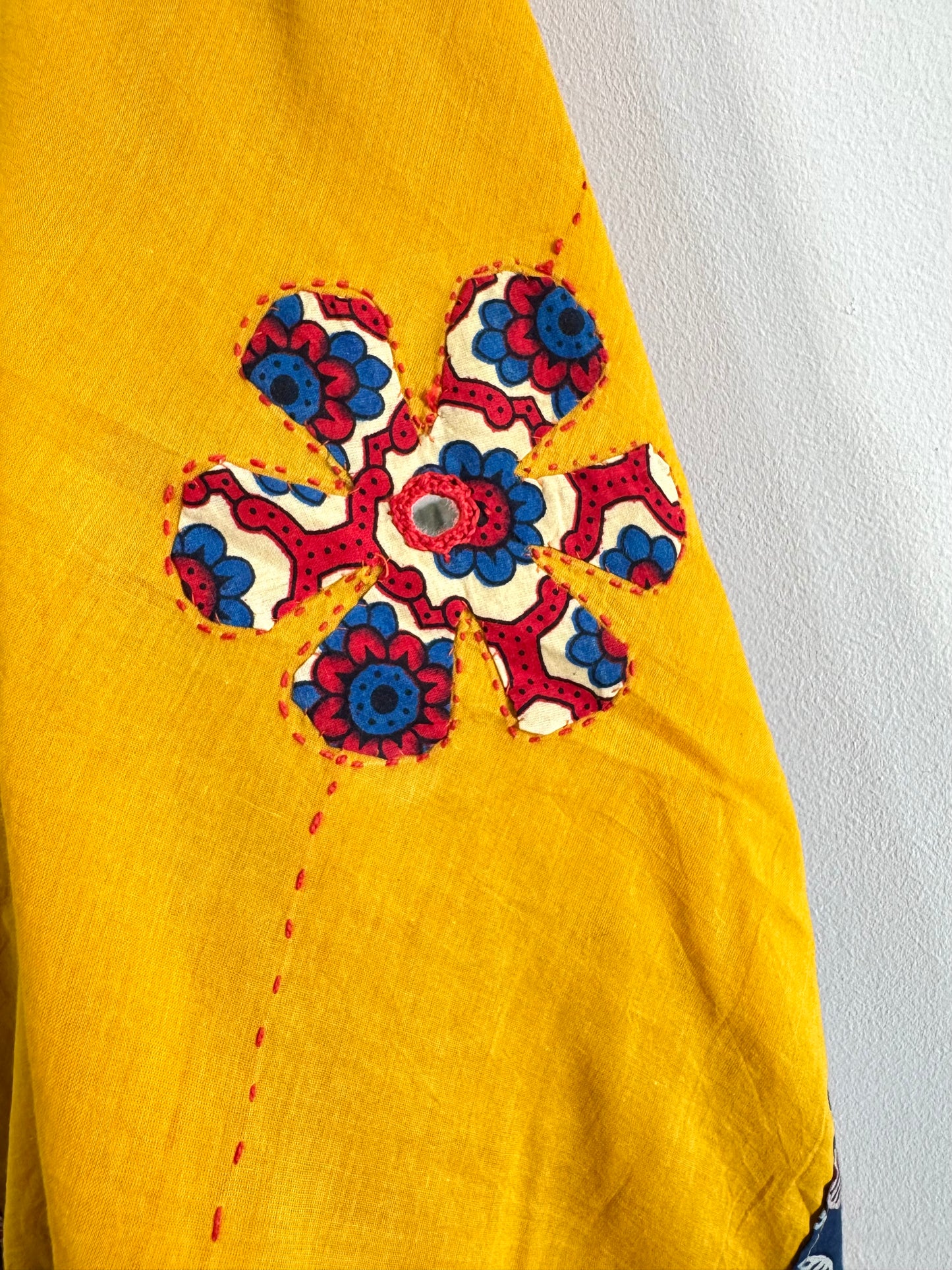 𓂃ོ⋆☀︎𓂃ᨒོ Ajrakh, Applique & Kantha Embroidered Dupatta ~ Amber Yellow 𑁍ࠬ