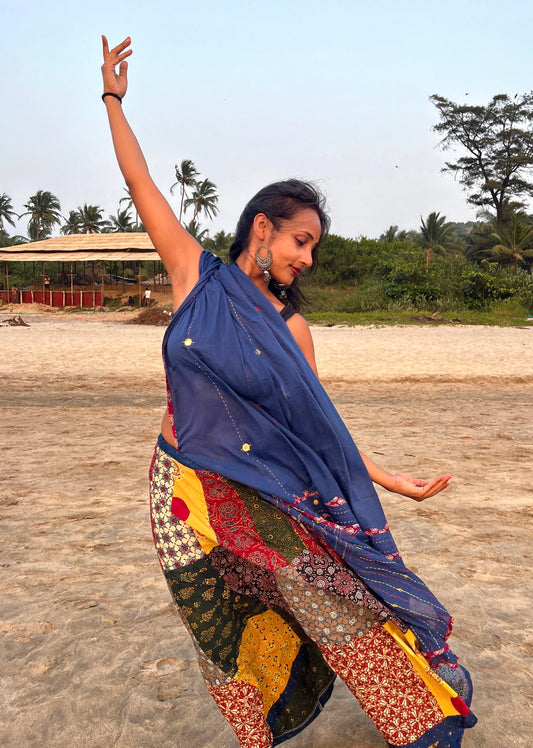 ✨Navrang ~ Ajrakh Long Skirt and Dupatta Set ~ Multicolor w/ Blue