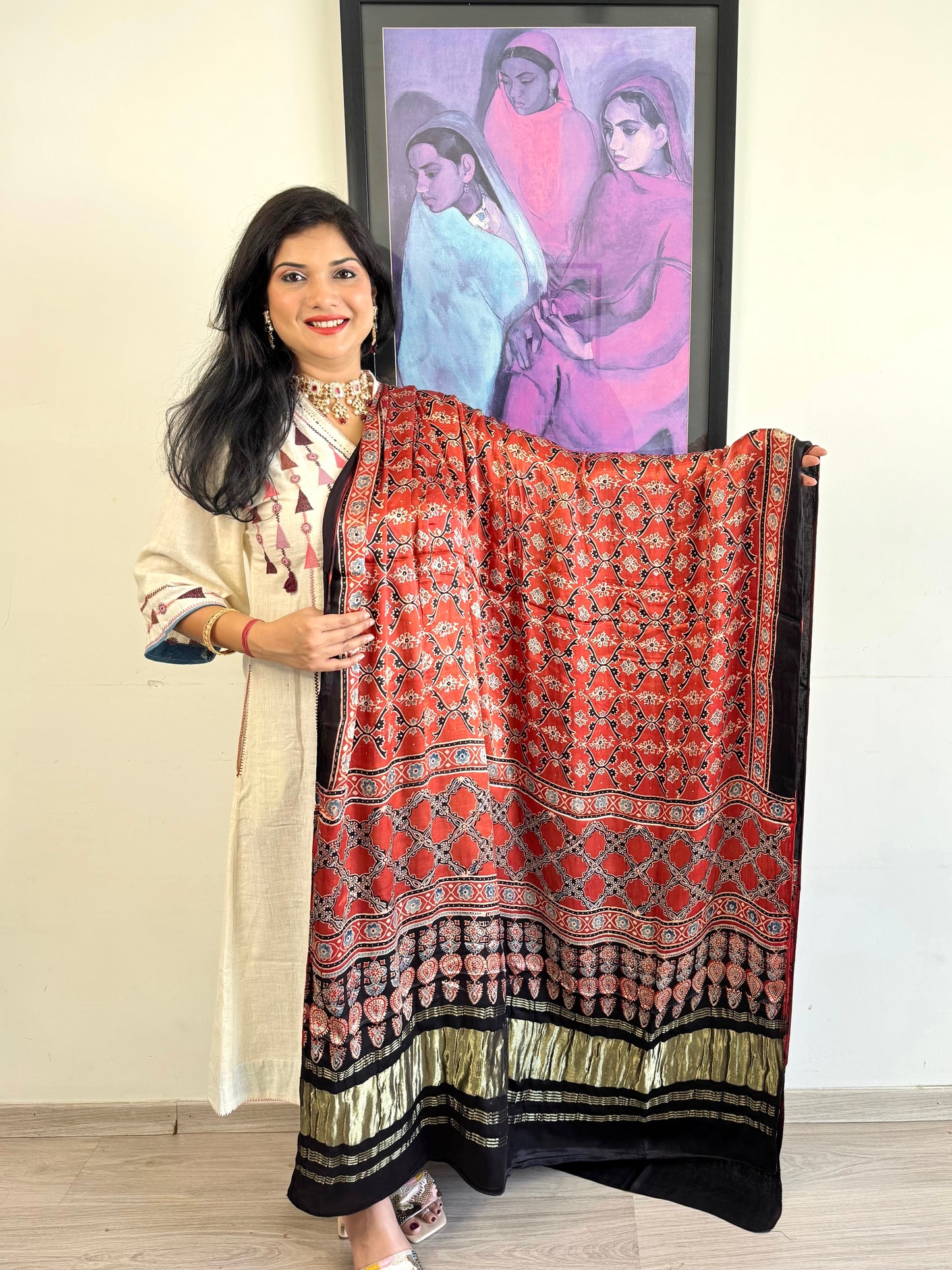 Modal Silk Ajrakh Dupatta ~ Brick Red Vine Motif w/ Zari