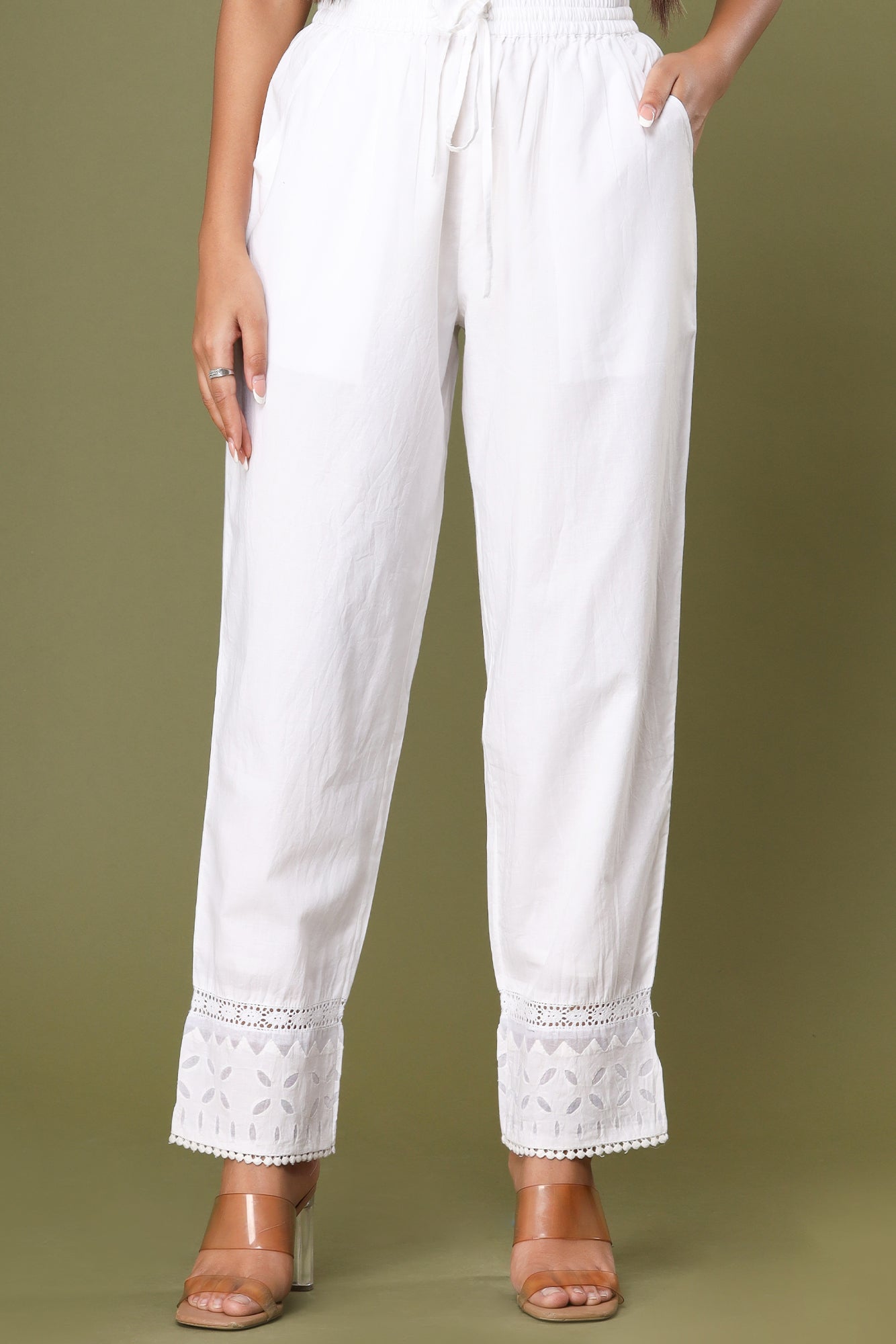 Pearl White ~ Appliqué Laced Cut Pant