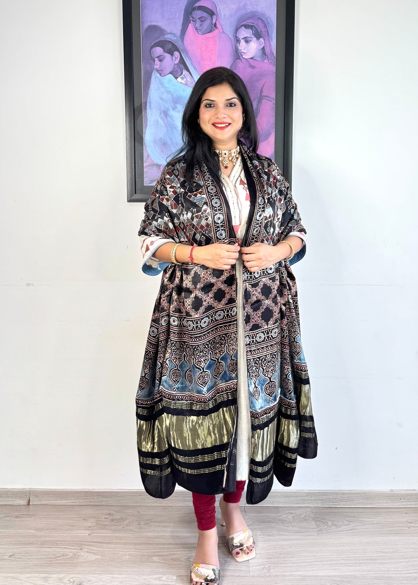 Modal Silk Ajrakh Dupatta ~ Black Worli Art Motif w/ Zari