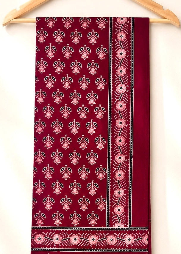 Raahi🌻Ajrakh Cotton Stoles ~ Deep red w/ motifs