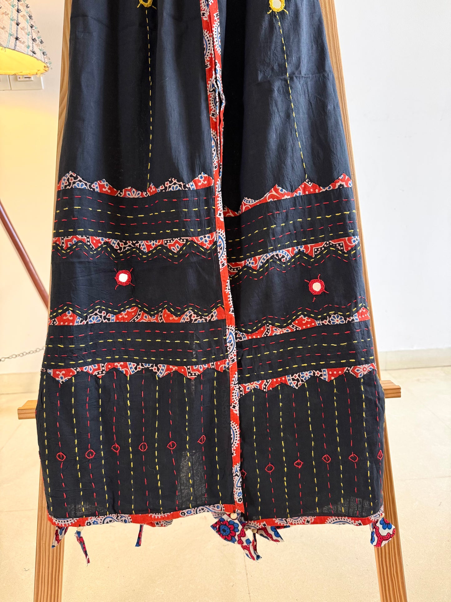 Ajrakh Applique & Kantha Embroidered Dupatta ~ Black with Orange Kantha Work