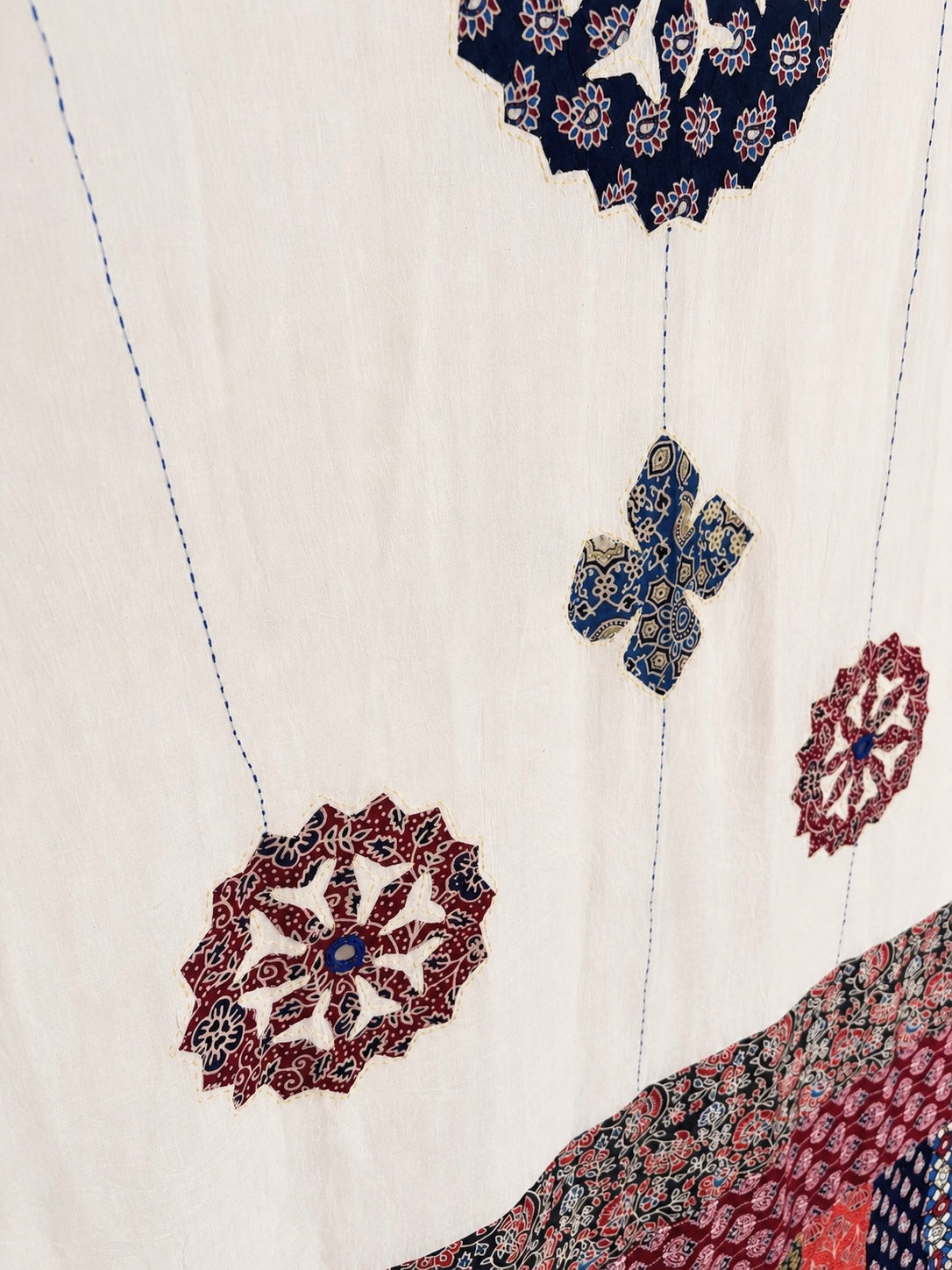 Ajrakh Applique & Kantha Embroidered Dupatta ~ White & Indigo Blooms