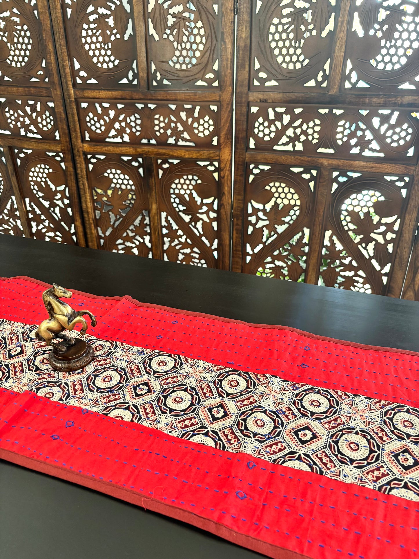 Brick Red ~ Ajrakh & Kantha Table Runner w/ Mats
