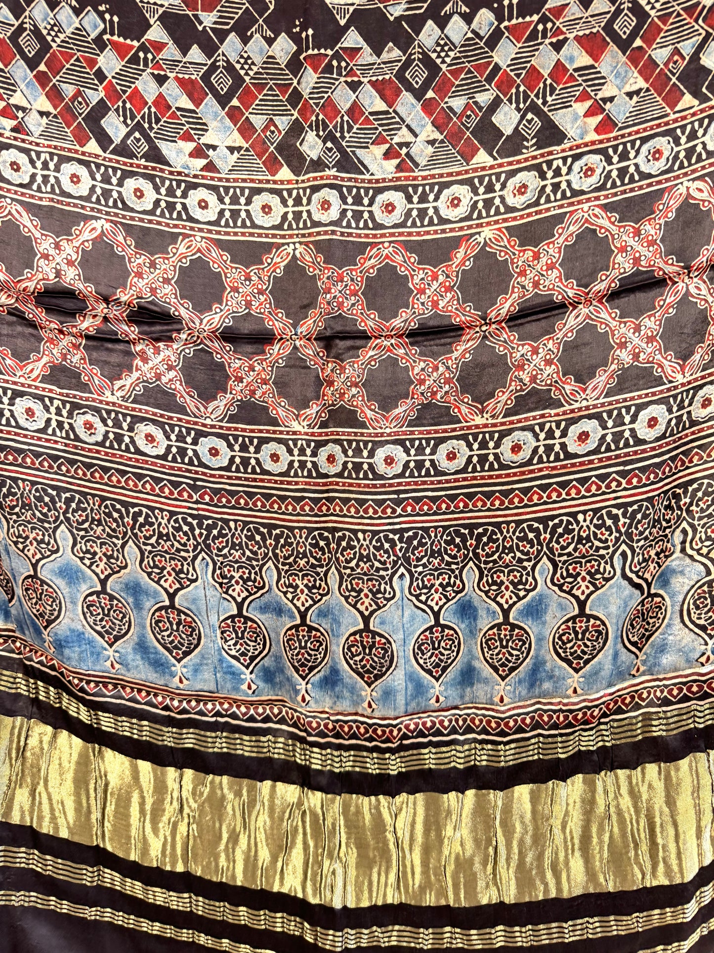 Modal Silk Ajrakh Dupatta ~ Black Worli Art Motif w/ Zari