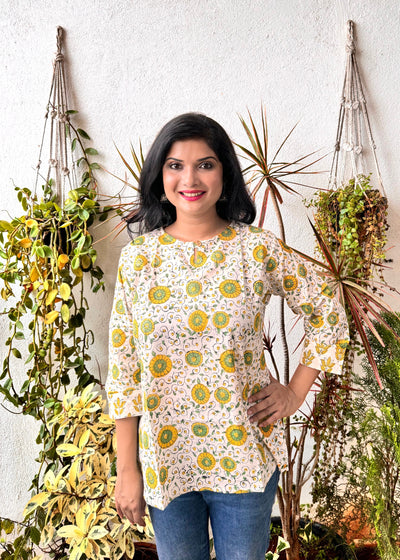 Daffodils ~ Green, Yellow and White Handblock Kurti