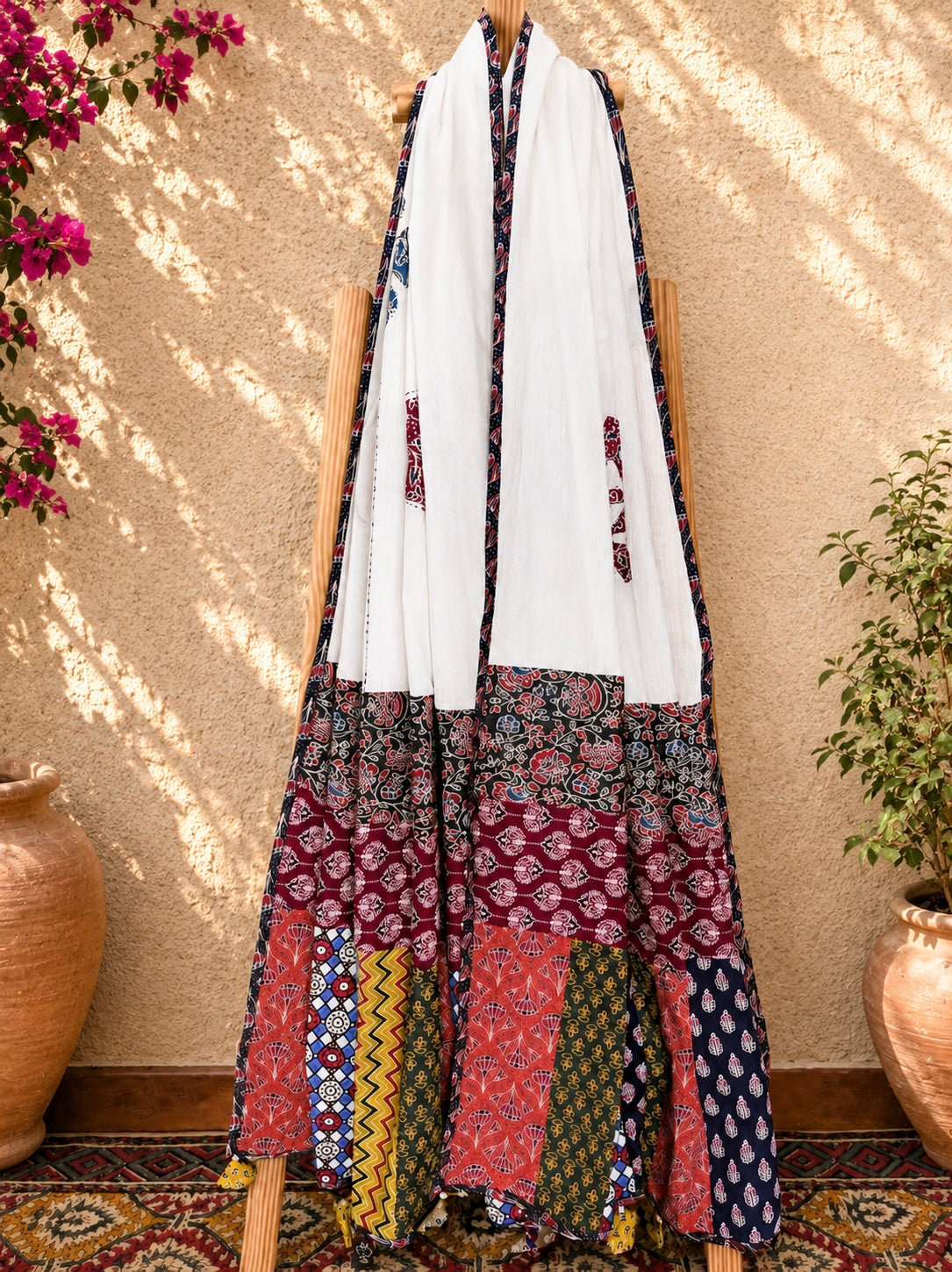 Ajrakh Applique & Kantha Embroidered Dupatta ~ White & Indigo Blooms