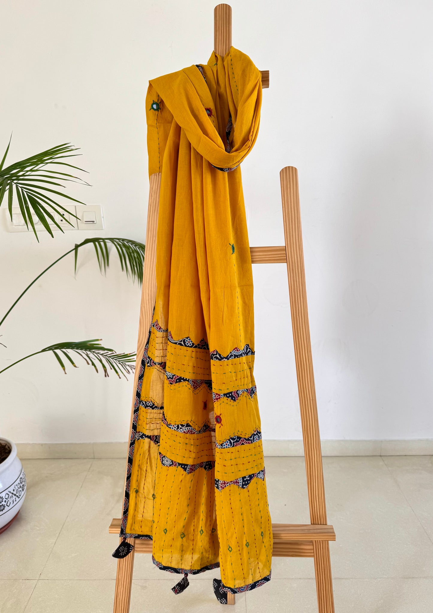 Ajrakh Applique & Kantha Embroidered Dupatta ~ Mustard Yellow with dotted lines