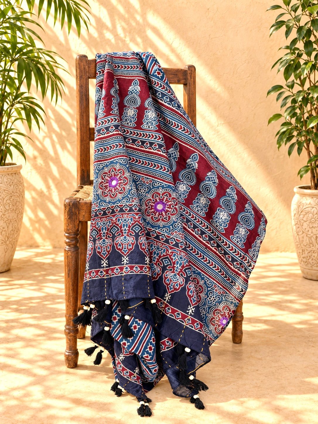 Rangrez🔅Ajrakh Mulmul Dupattas with Embroidery ~ Indigo Leher