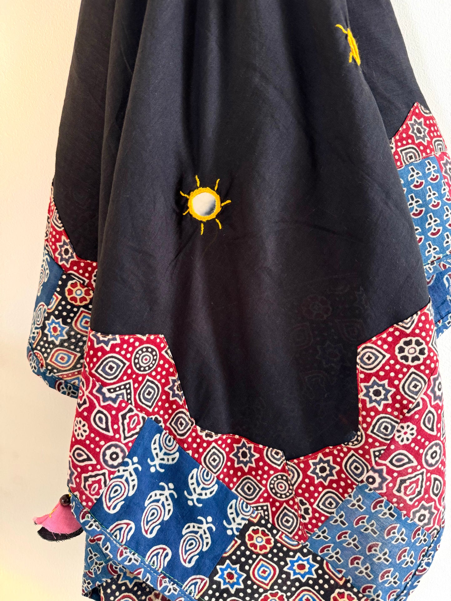 Ajrakh Applique & Kantha Embroidered Dupatta ~ Raven Black & Red