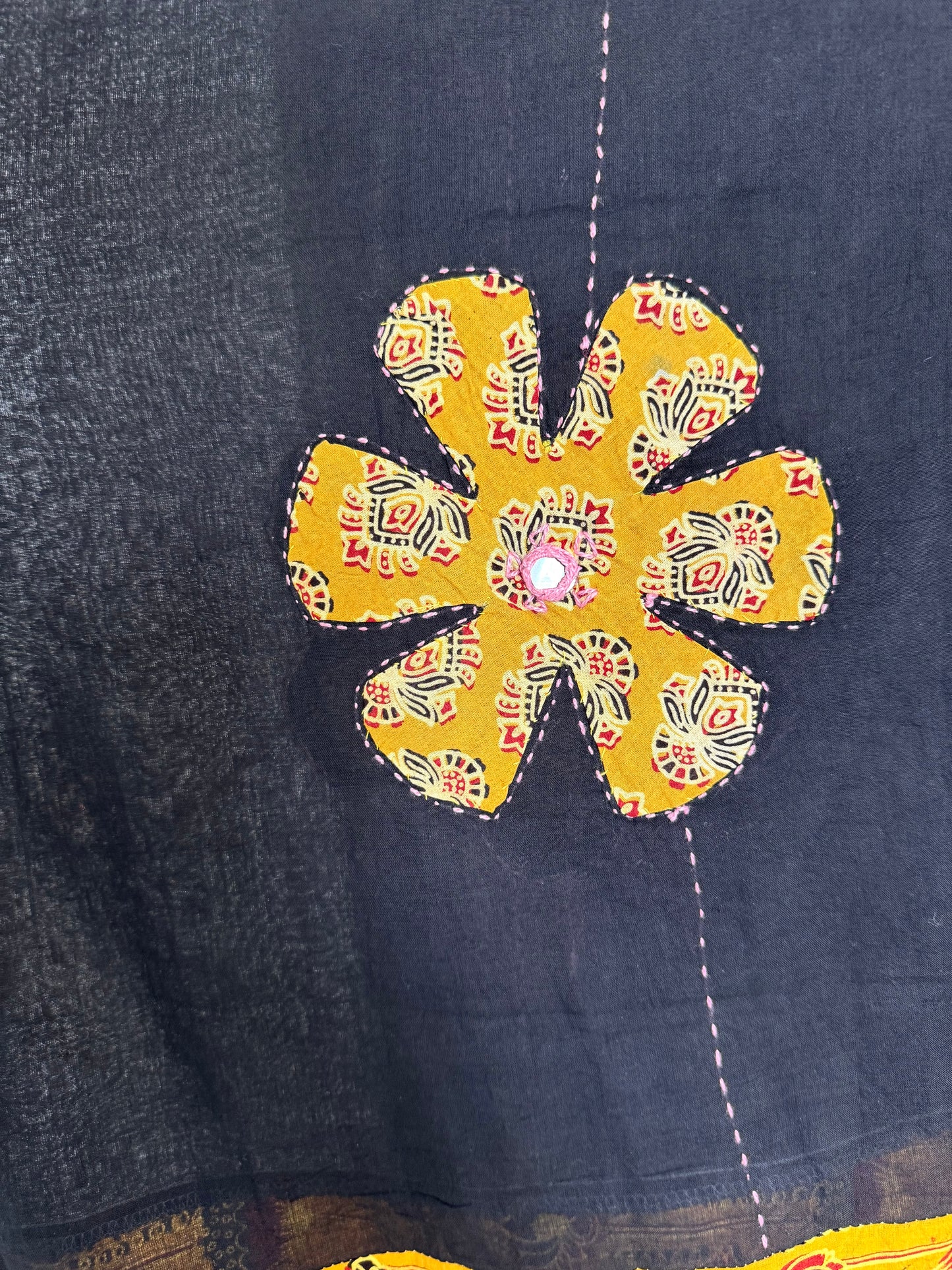 𓂃ོ⋆☀︎𓂃ᨒོ Ajrakh, Applique & Kantha Embroidered Dupatta ~ Jet Black & Yellow 𑁍ࠬ