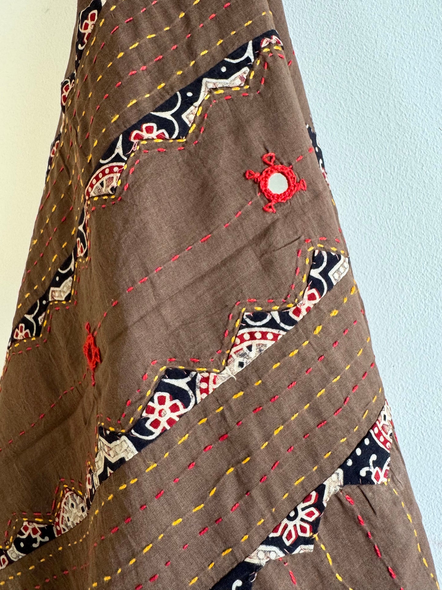 Ajrakh Applique & Kantha Embroidered Dupatta ~ Coffee Brown with Black Patchwork
