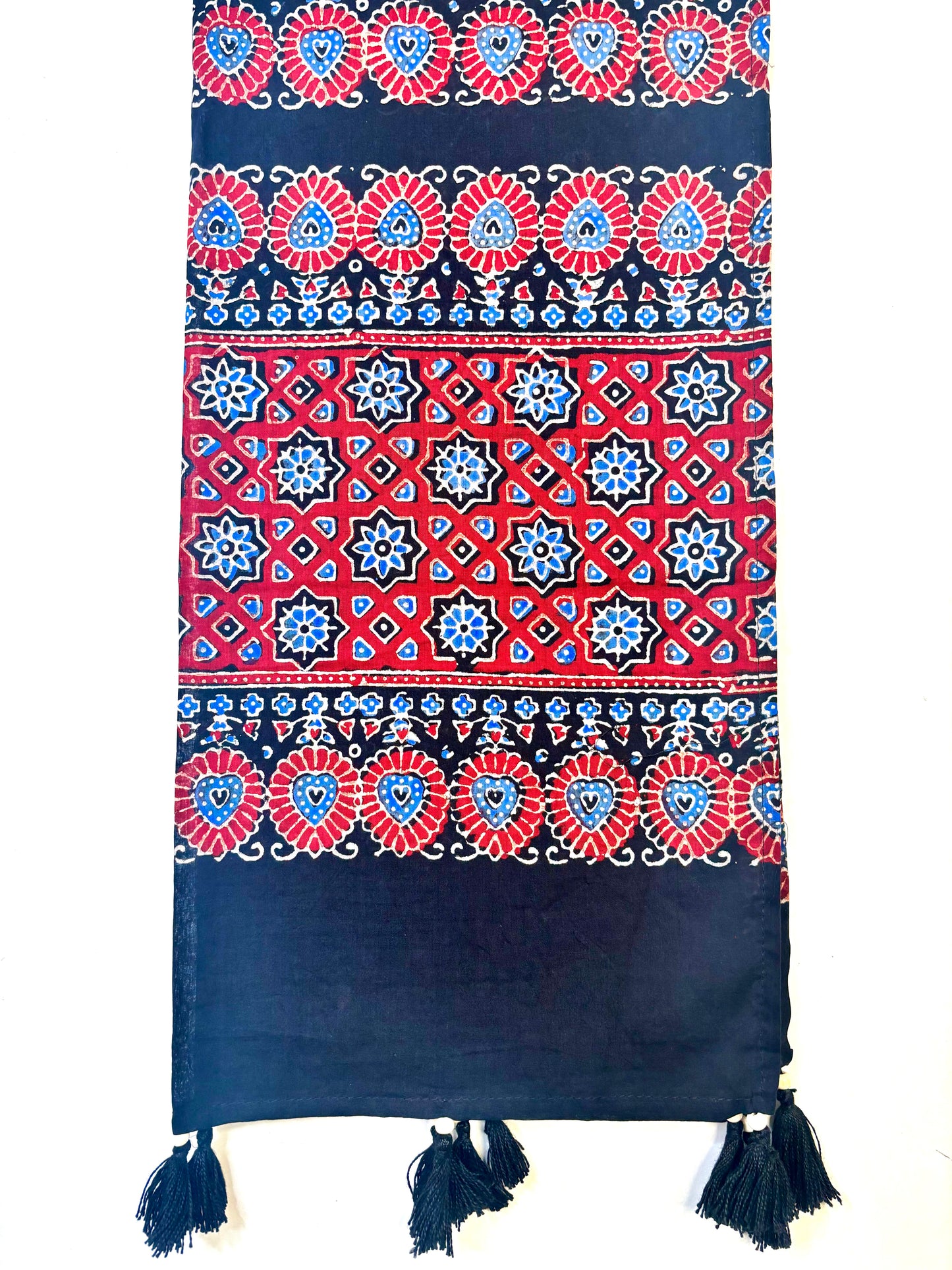 Raahi🌻Ajrakh Cotton Stoles ~ black and metallic blue w/ motifs