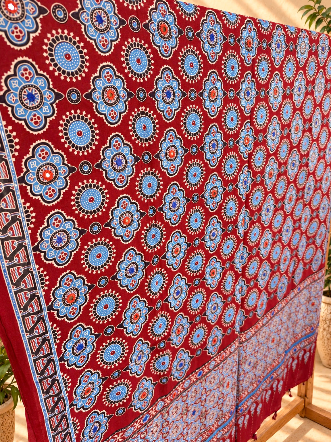 Rangrez🔅Ajrakh Mulmul Cotton Dupattas with Embroidery ~ Wine Red w/ metallic blue