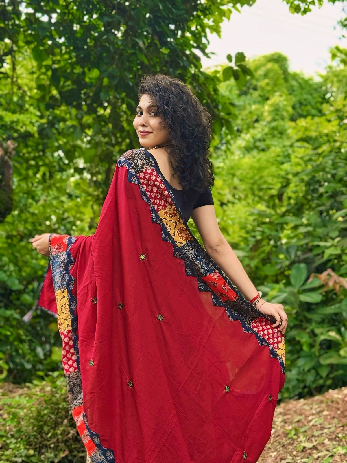 ✨Navrang ~ Ajrakh Skirt and Dupatta Set ~ Deep Red w/ Multicolor