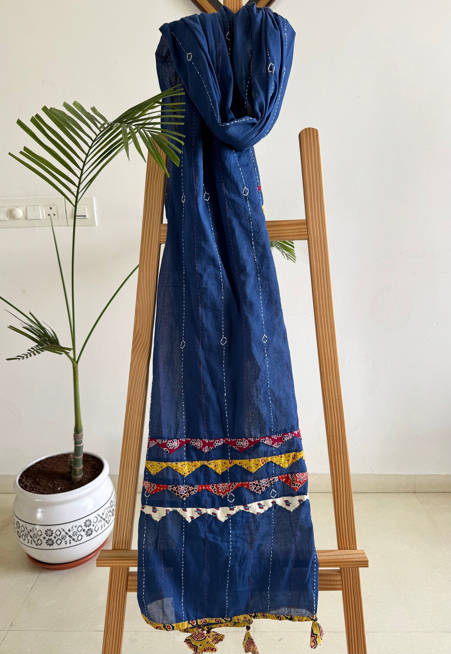 Ajrakh Applique & Kantha Embroidered Dupatta ~ Navy Blue with Multicolor Patch Work