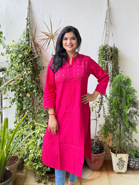Masakali ~ Cotton Embroidered Kurti, Flamingo Pink🦩