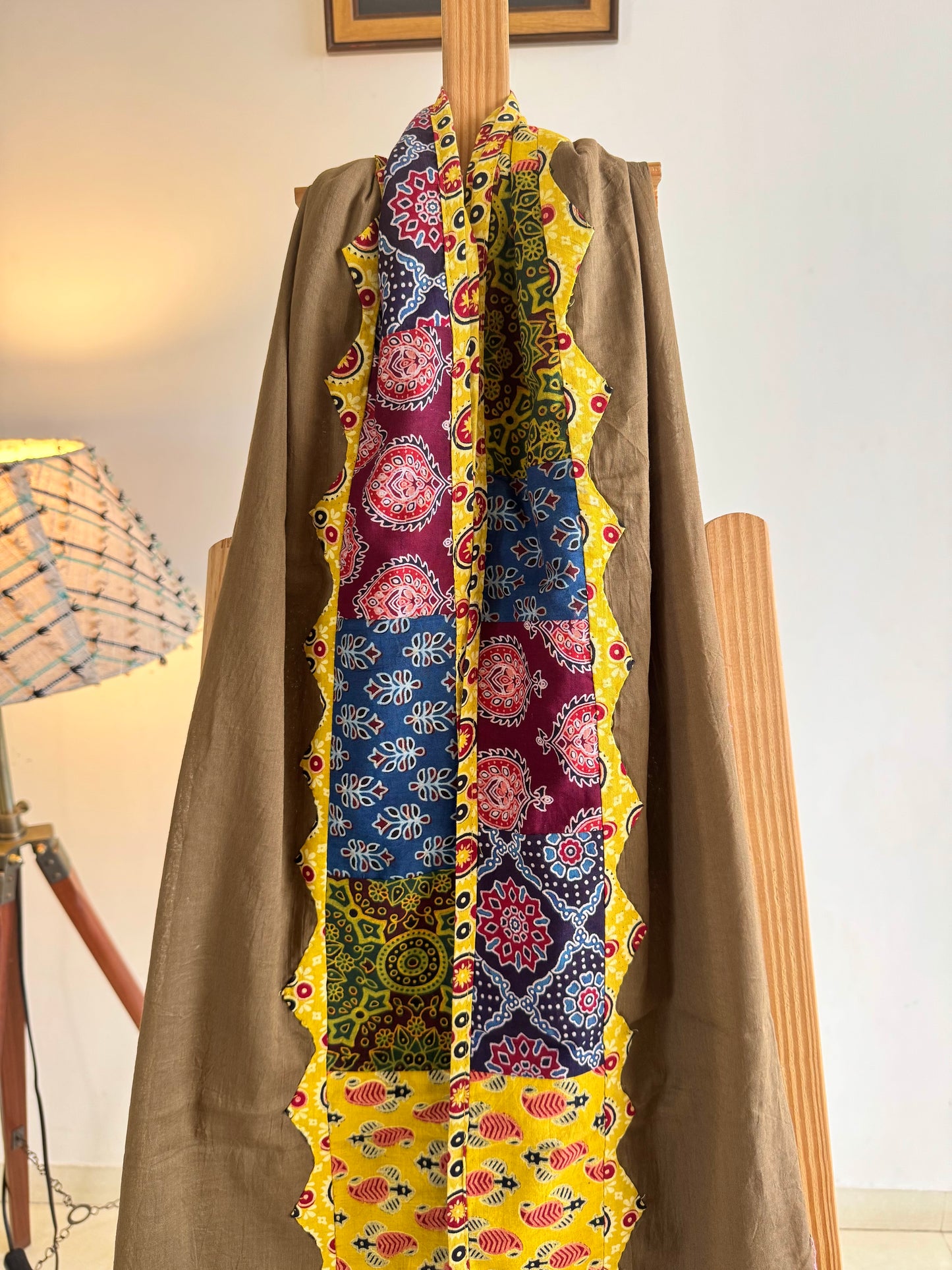 Ajrakh Applique & Kantha Embroidered Dupatta ~ Coco Brown w/ Yellow
