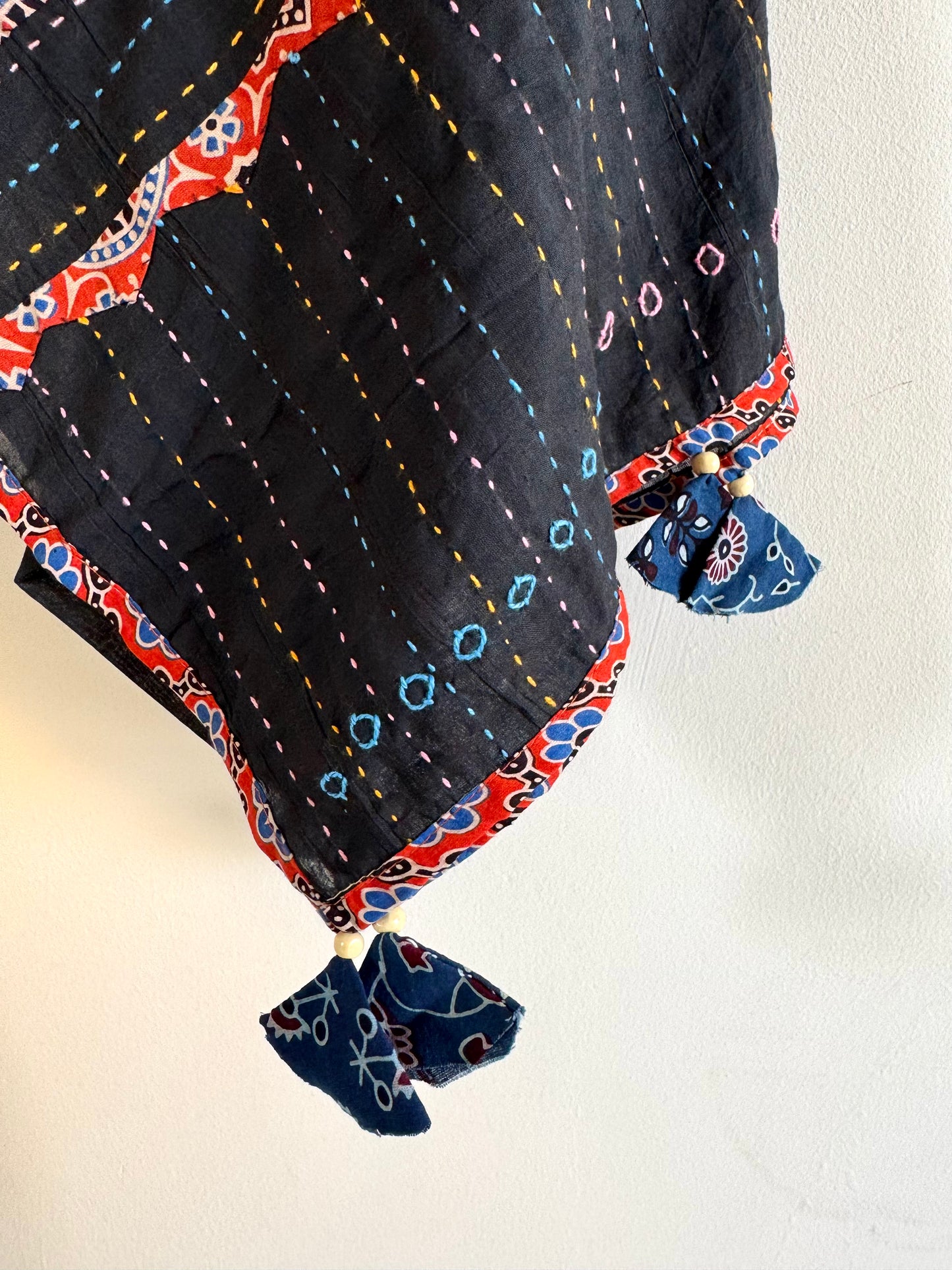 Ajrakh Applique & Kantha Embroidered Dupatta ~ Black with Orange Kantha Work