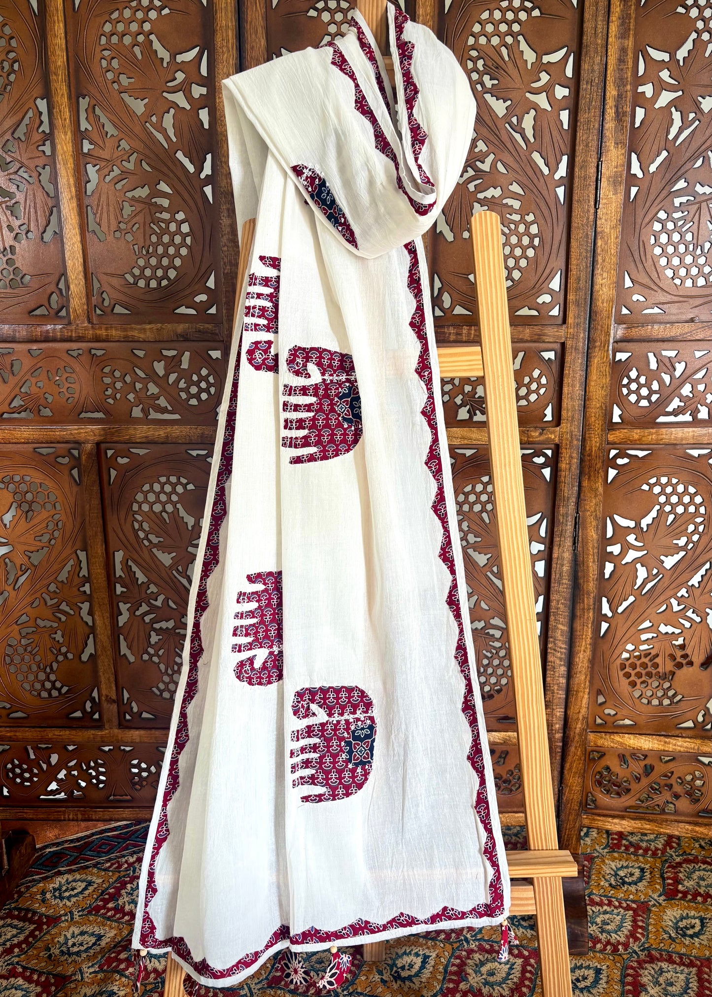 Ajrakh Applique & Kantha Embroidered ~ Red Hastika Dupatta