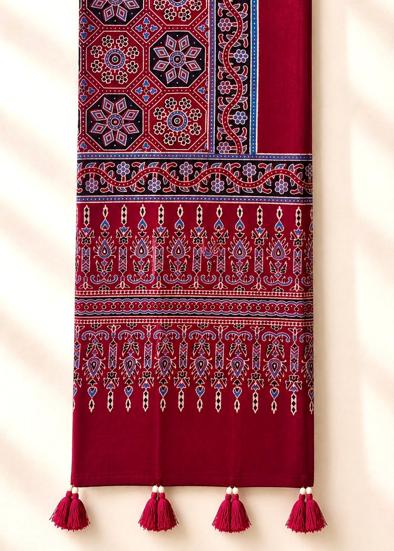 Raahi🌻Ajrakh Cotton Stoles ~ Deep red w/ geometrical motifs