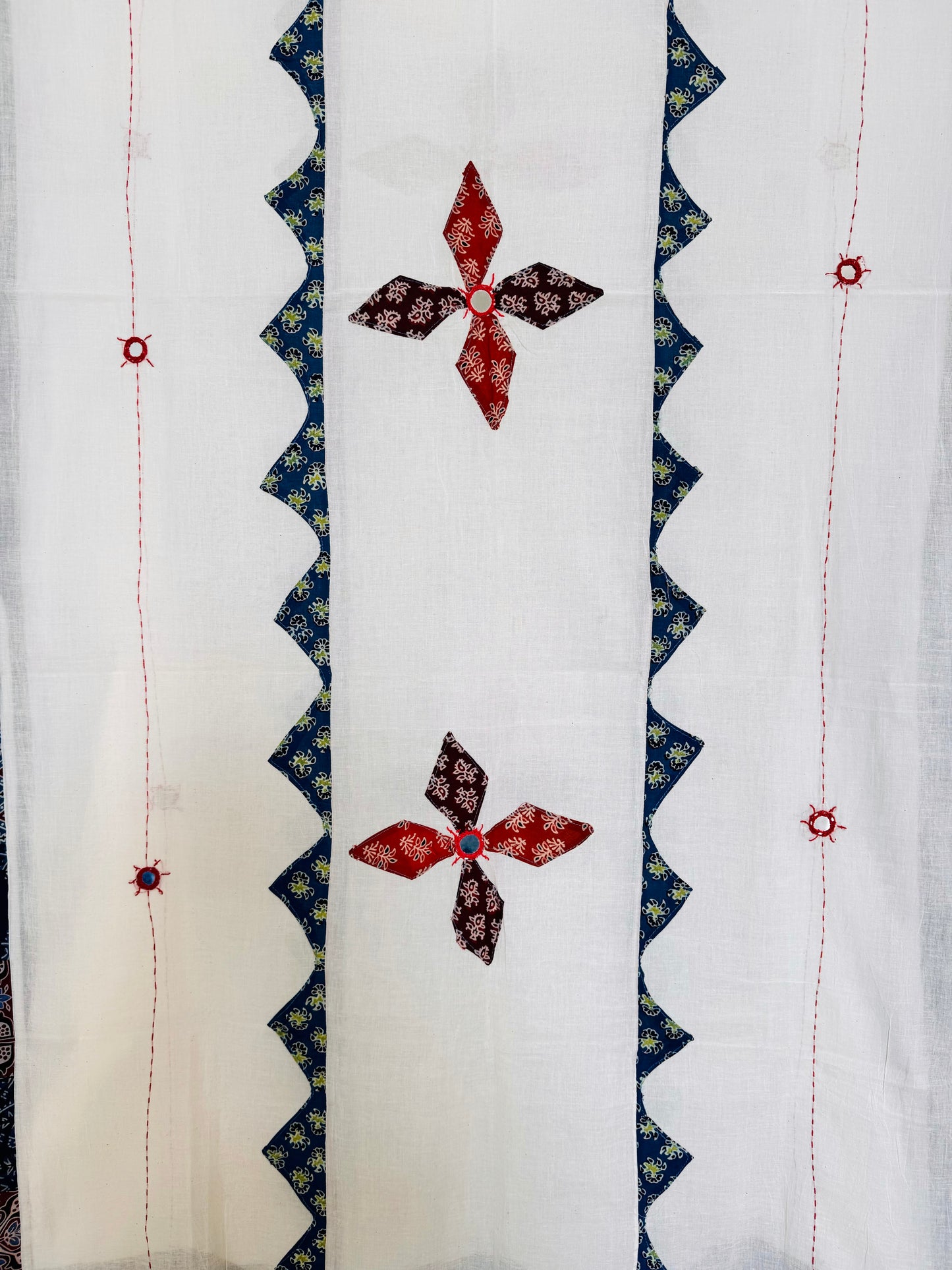 Ajrakh Applique & Kantha Embroidered Dupatta ~ White with Burnt Orange Flowers
