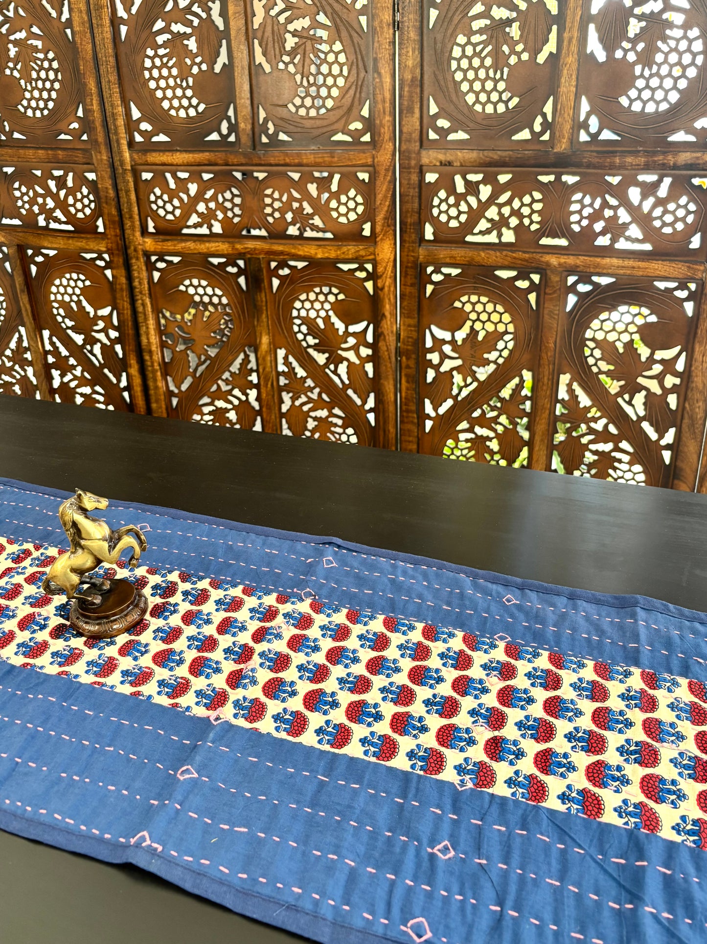 Indigo Blue ~ Ajrakh & Kantha Table Runner w/ Mats