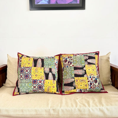 Ajrakh Cushion Covers ~ Black Fern Motif ~ Set of 2