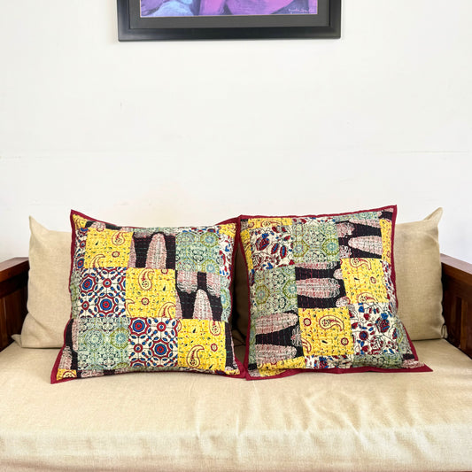 Ajrakh Cushion Covers ~ Black Fern Motif ~ Set of 2