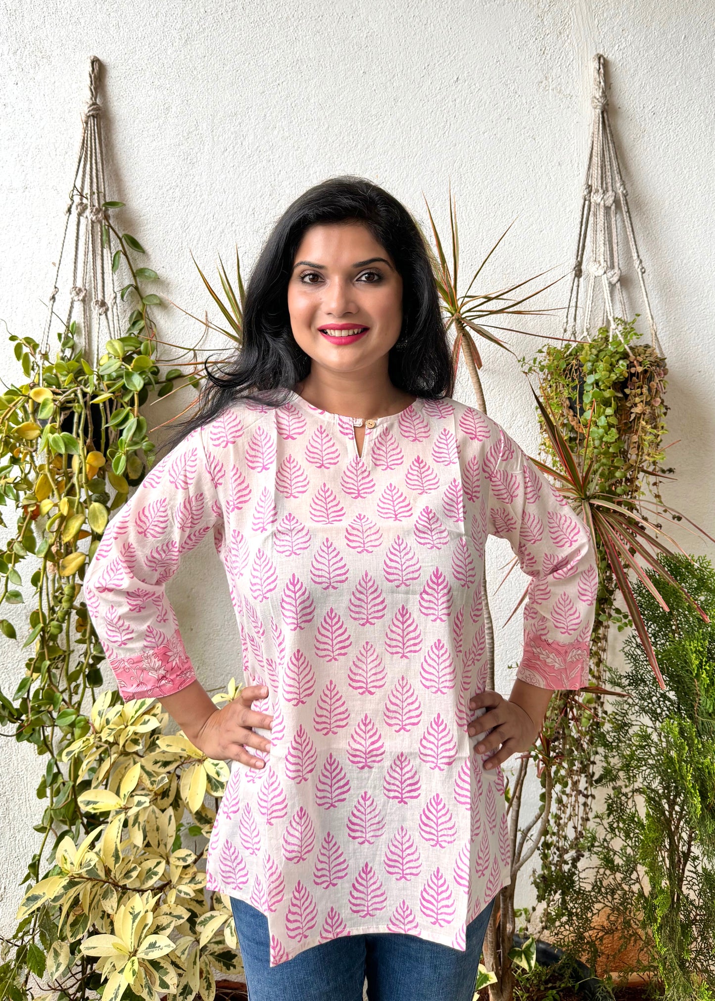Flamingo ~ White and Pink Handblock Kurti
