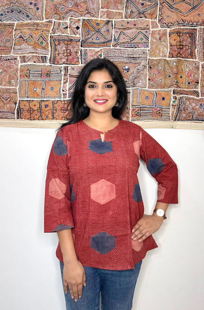 Honeycomb ~ Brick Red Ajrakh Handblock Kurti