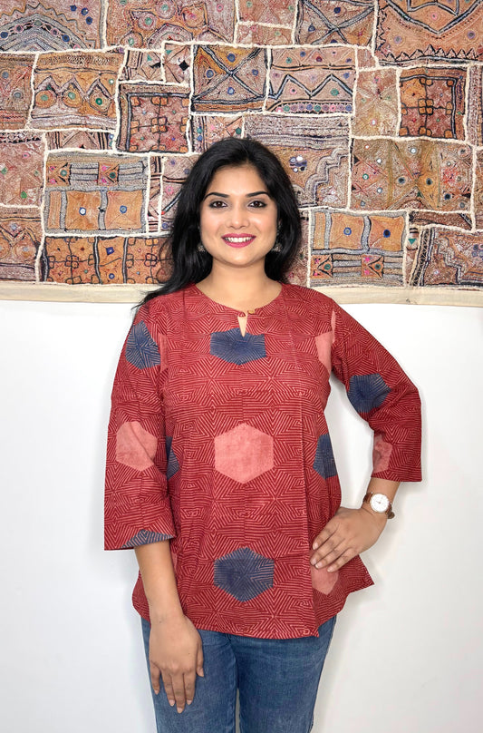 Honeycomb ~ Brick Red Ajrakh Handblock Kurti