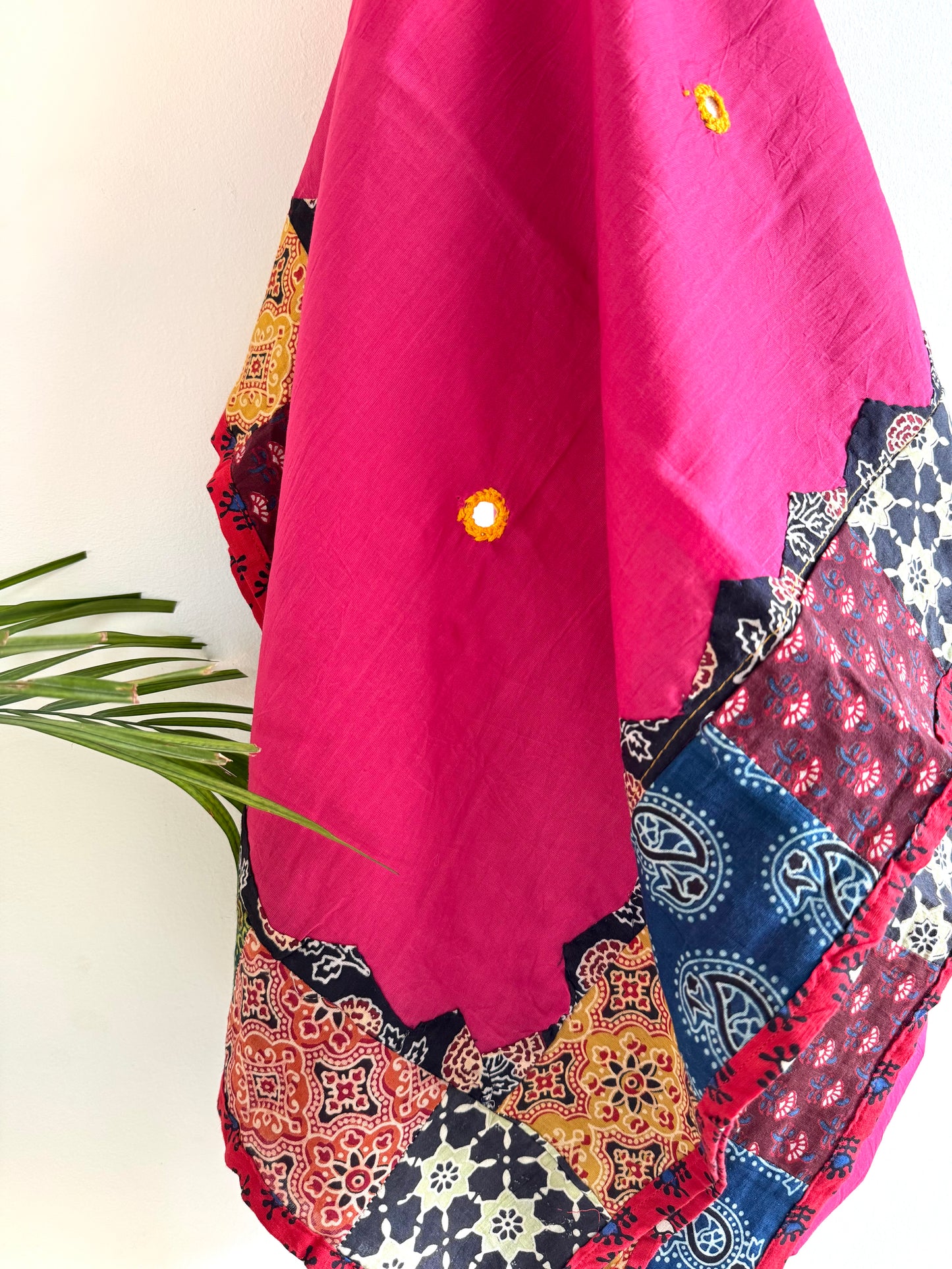 Ajrakh Applique & Kantha Embroidered Dupatta ~ Bright Pink