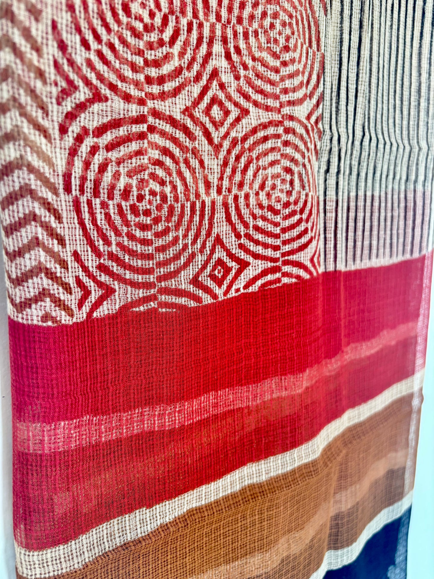 Kota Doria Bagru Handblock Dupatta ~ Beige w/ Red circles