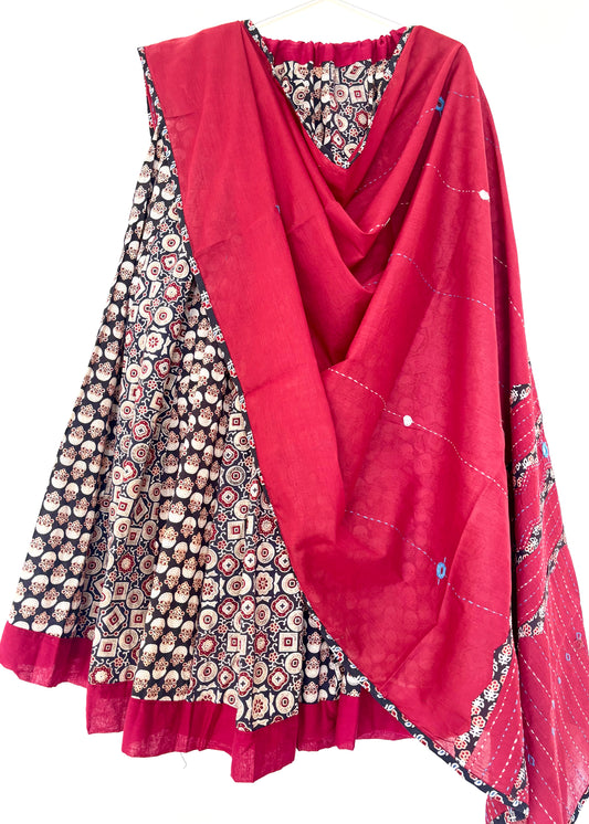 ✨Navrang ~ Ajrakh Lehenga and Dupatta Set ~ Wine Red w/ Black