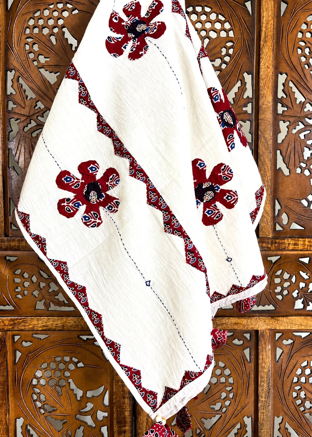 Ajrakh Applique & Kantha Embroidered ~ Surkh Phool Dupatta