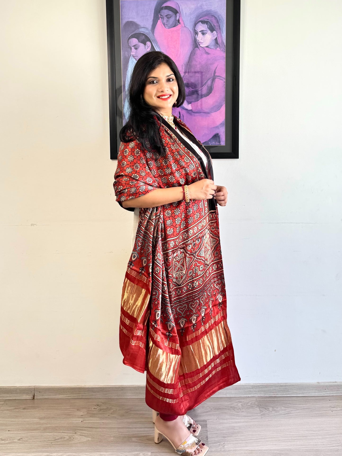 Modal Silk Ajrakh Dupatta ~ Brick Red Jharokha Motif w/ Zari