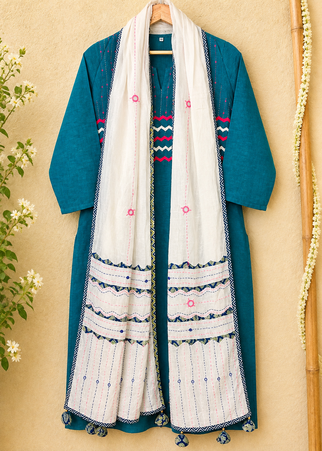 Masakali ~ Turquoise Green Cotton Kantha Kurti & Dupatta Set