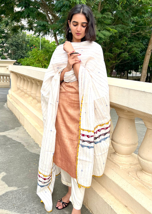 Ajrakh Applique & Kantha Embroidered Dupatta ~ White with Multicolor Patchwork