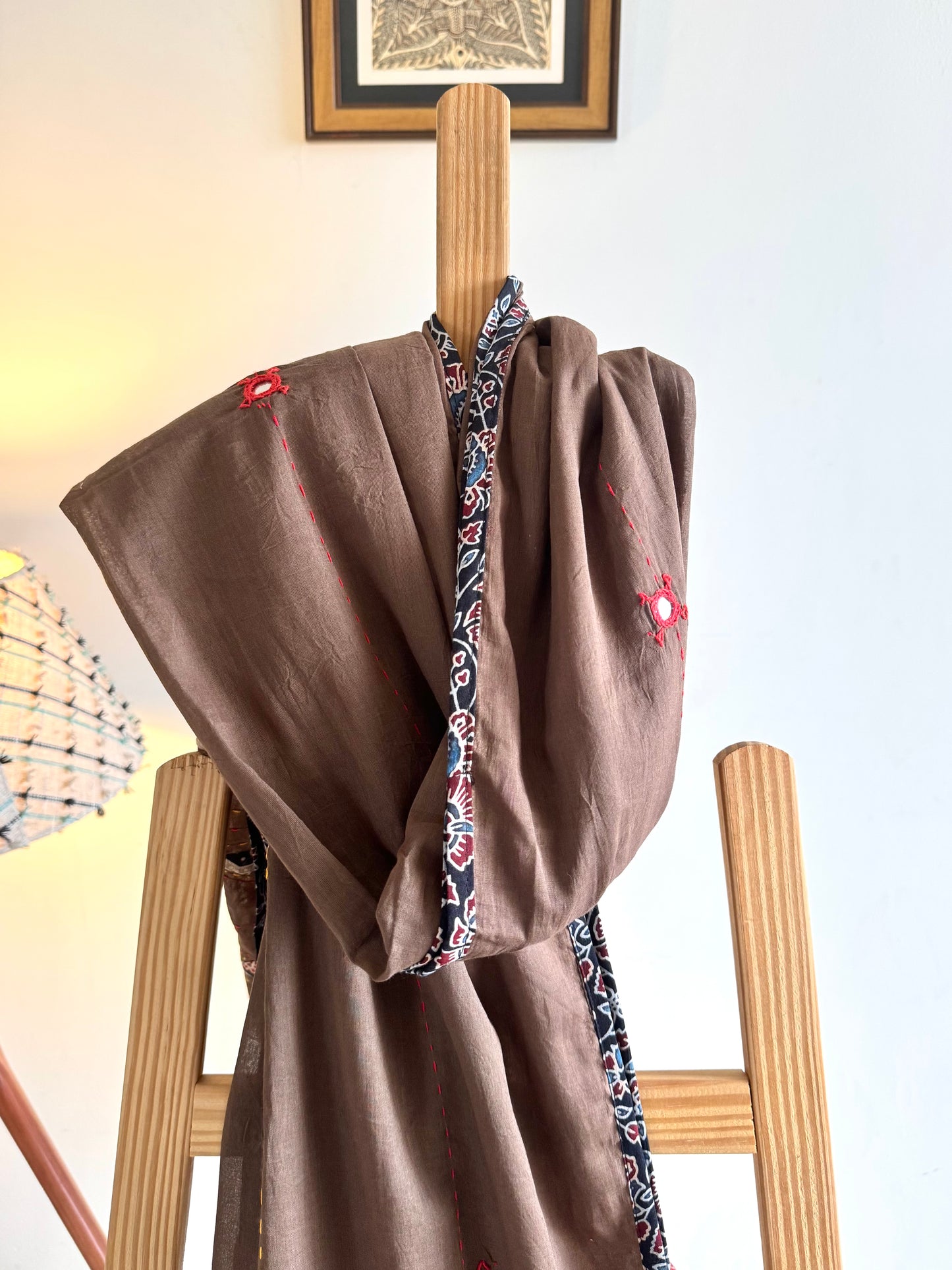 Ajrakh Applique & Kantha Embroidered Dupatta ~ Coffee Brown with Black Patchwork