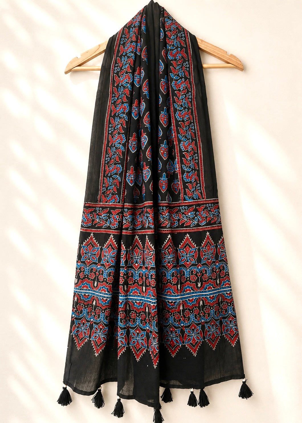 Raahi🌻Ajrakh Cotton Stoles ~ black and metallic blue w/ flower motifs
