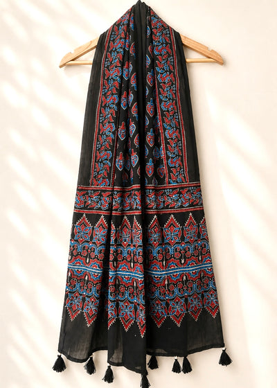 Raahi🌻Ajrakh Cotton Stoles ~ black and metallic blue w/ flower motifs