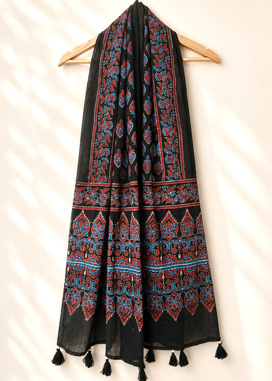 Raahi🌻Ajrakh Cotton Stoles ~ black and metallic blue w/ flower motifs