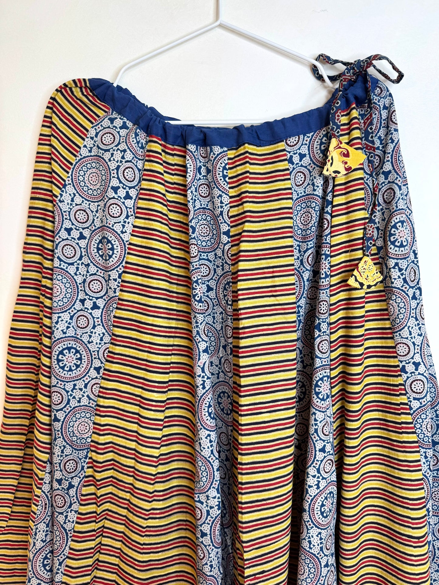 ✨Garba nu Ghoomie ~ Ajrakh Lehenga and Dupatta Set ~ Yellow Strips w/ Navy Blue Dupatta
