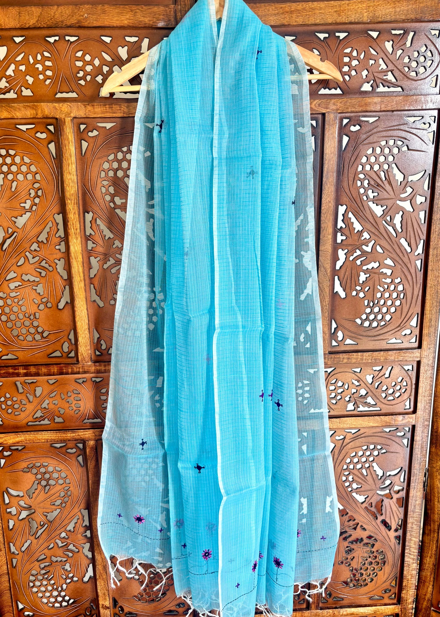 Kota Doria Hand Embroidered Dupatta ~ Aqua blue w/ pink flowers