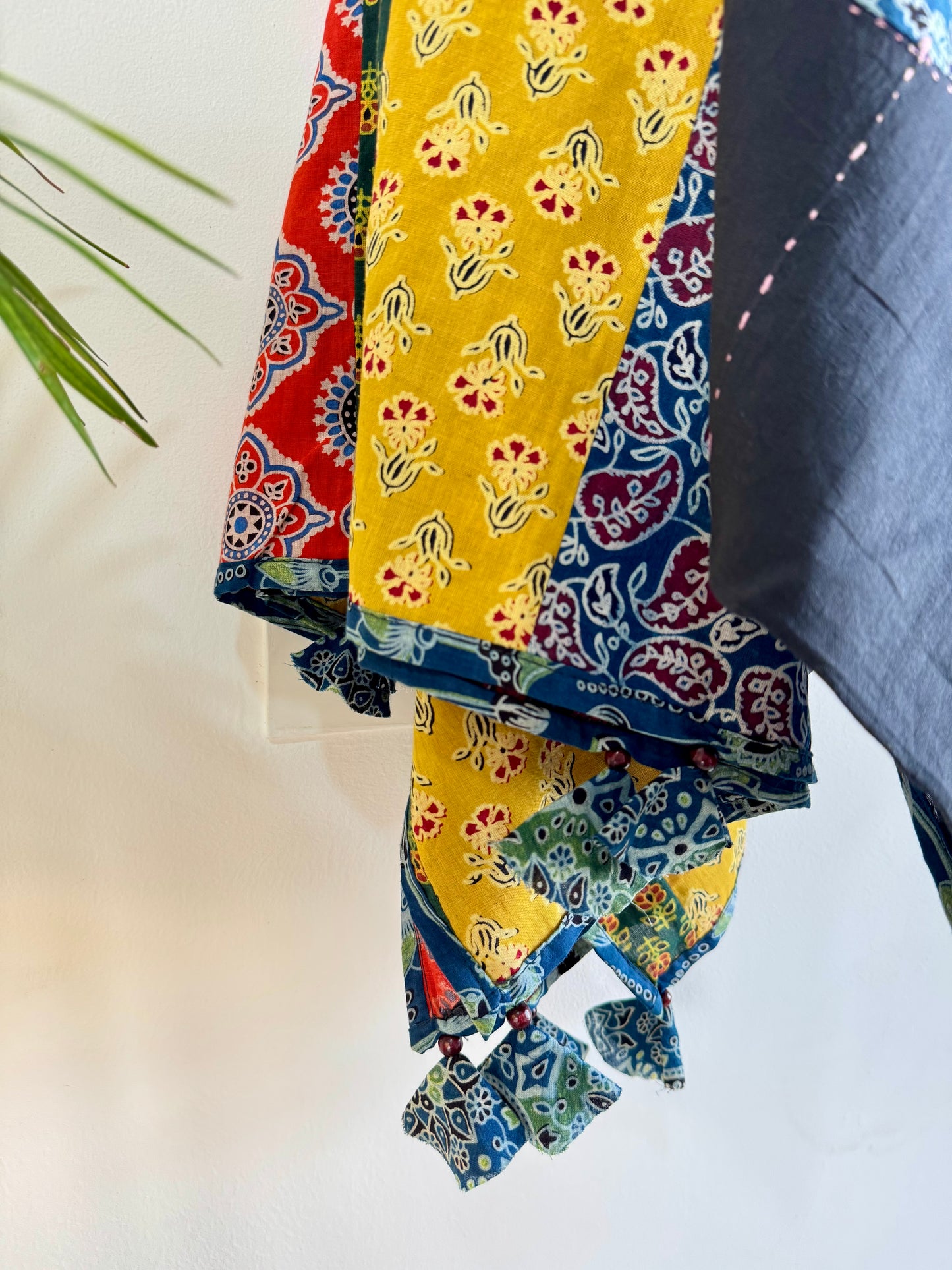 𓂃ོ⋆☀︎𓂃ᨒོ Ajrakh, Applique & Kantha Embroidered Dupatta ~ Black with Blue Crystals𑁍ࠬ