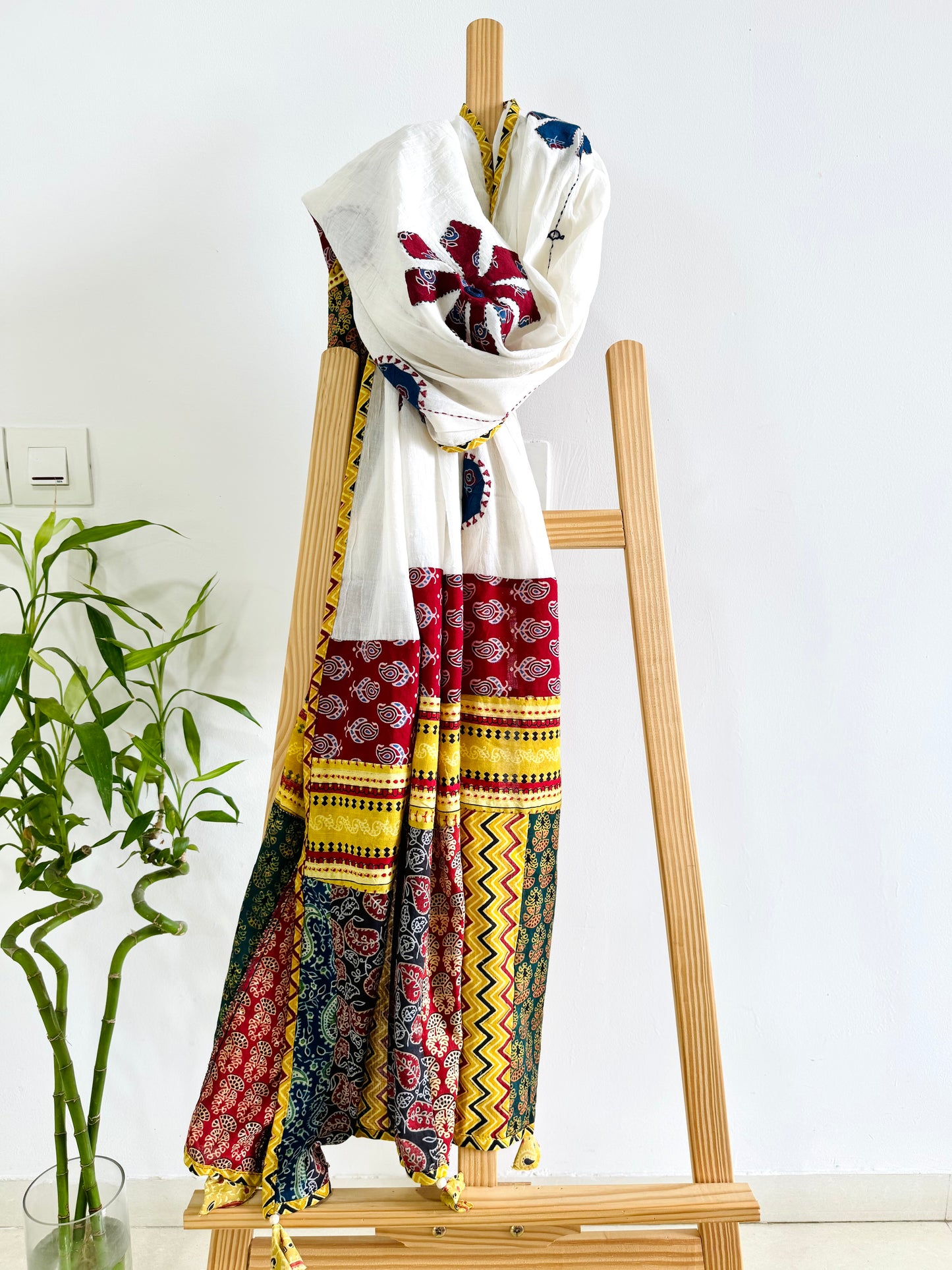 Ajrakh Applique & Kantha Embroidered Dupatta ~ White, Blue & Yellow