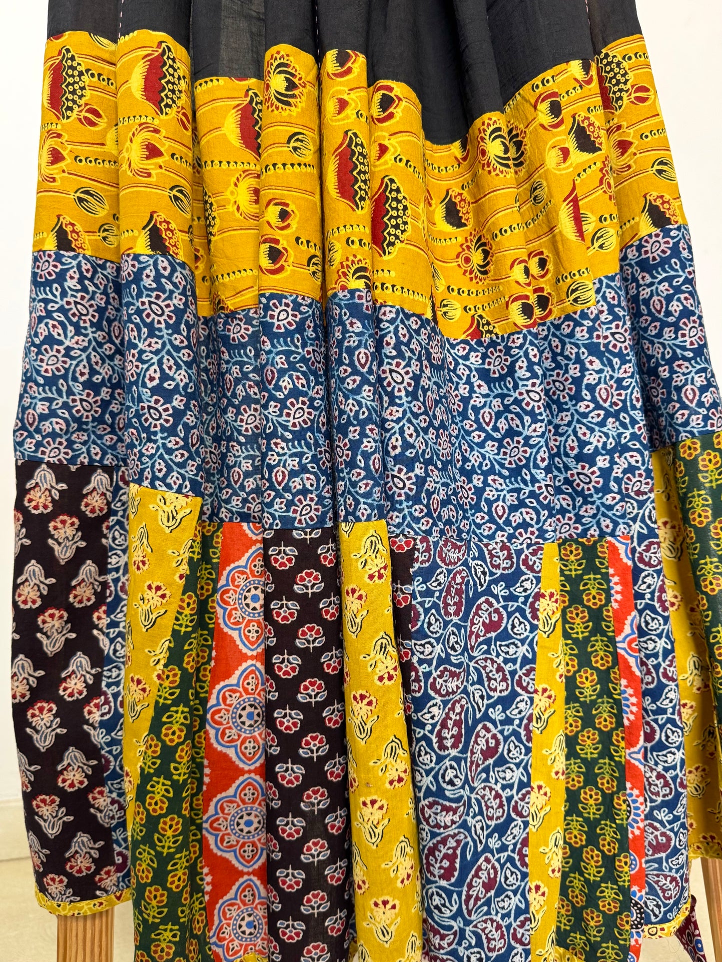𓂃ོ⋆☀︎𓂃ᨒོ Ajrakh, Applique & Kantha Embroidered Dupatta ~ Jet Black & Yellow 𑁍ࠬ